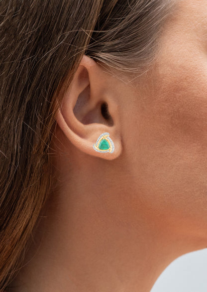 Natural Zambian Emerald and Diamond Halo Stud Earrings 14K Yellow Gold