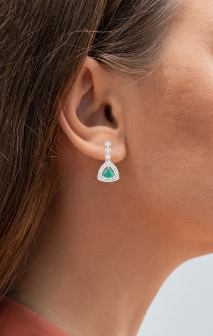 Natural Zambian Emerald and Diamond Halo Dangle Earrings 14K White Gold