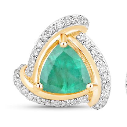Natural Zambian Emerald and Diamond Halo Stud Earrings 14K Yellow Gold