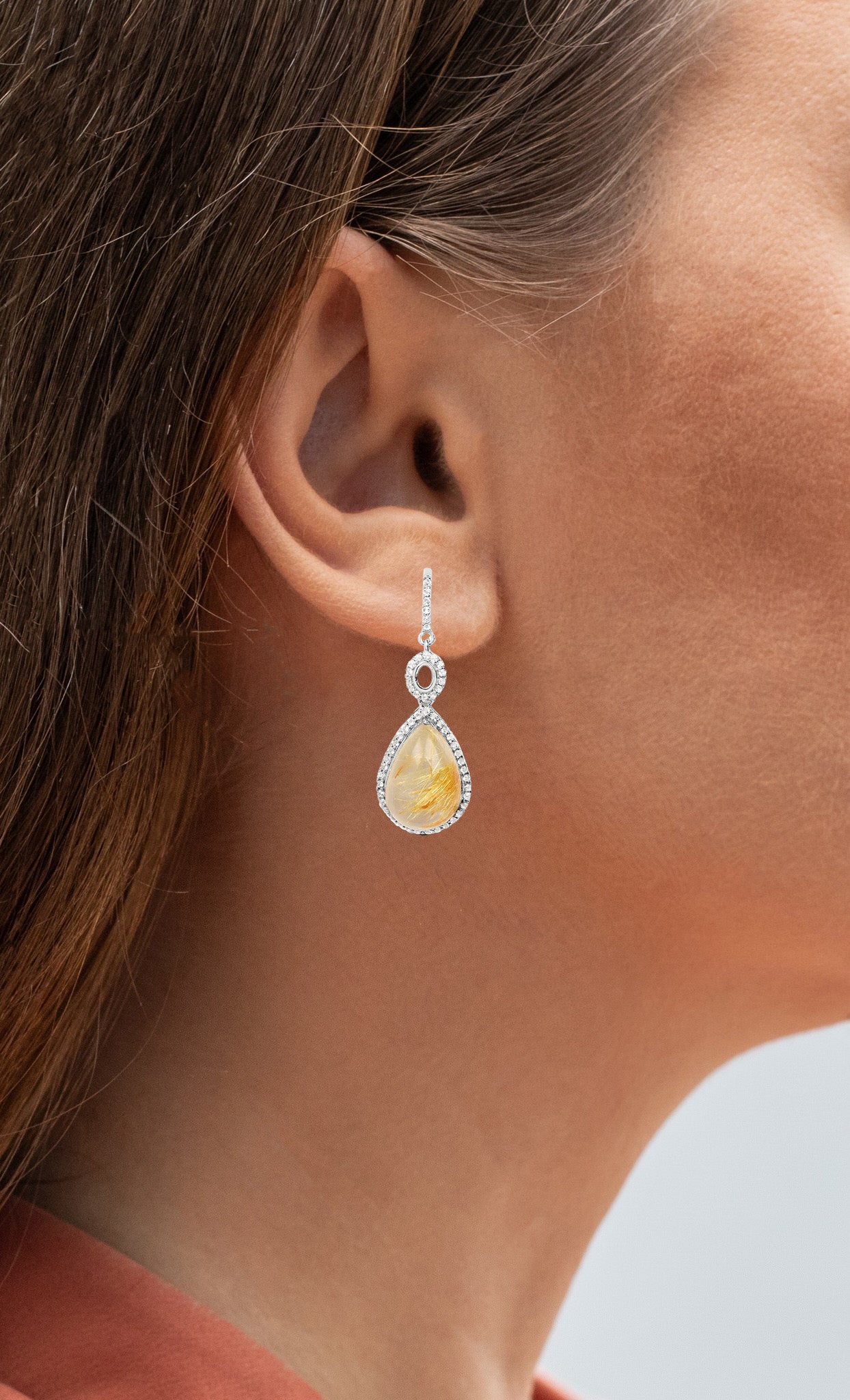 Natural Cabochon Golden Rutile Quartz Dangle Earrings Set With Topaz