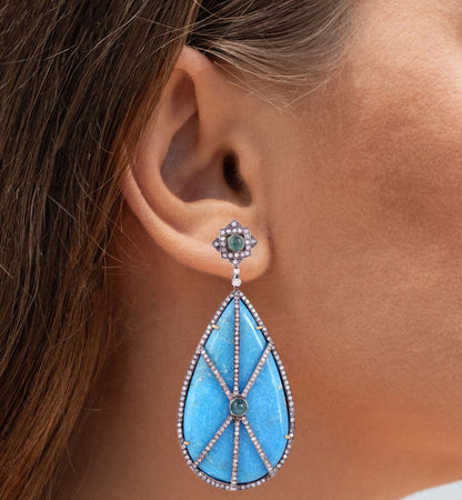 Natural Turquoise And Diamond Statement Earrings 66 Carats