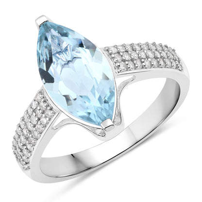 Natural Marquise Aquamarine and Diamond Ring 14K White Gold