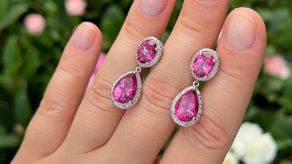 Hot Pink Topaz Earrings Diamond Setting 11.35 Carats Total