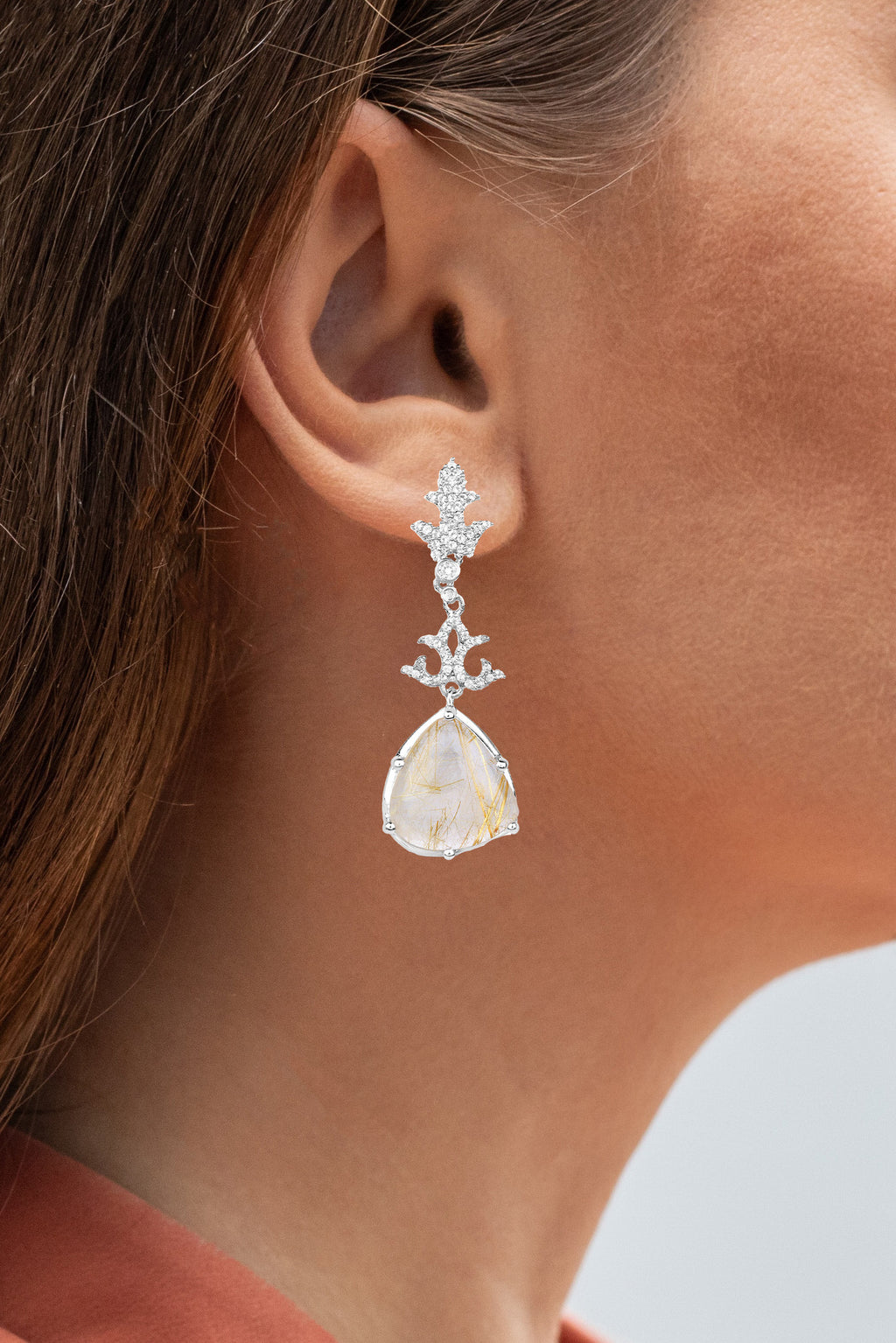 Natural Golden Rutile Quartz Dangle Earrings Set With Topaz