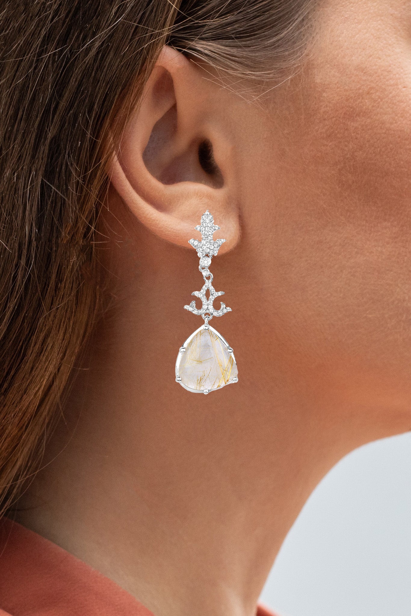 Natural Golden Rutile Quartz Dangle Earrings Set With Topaz
