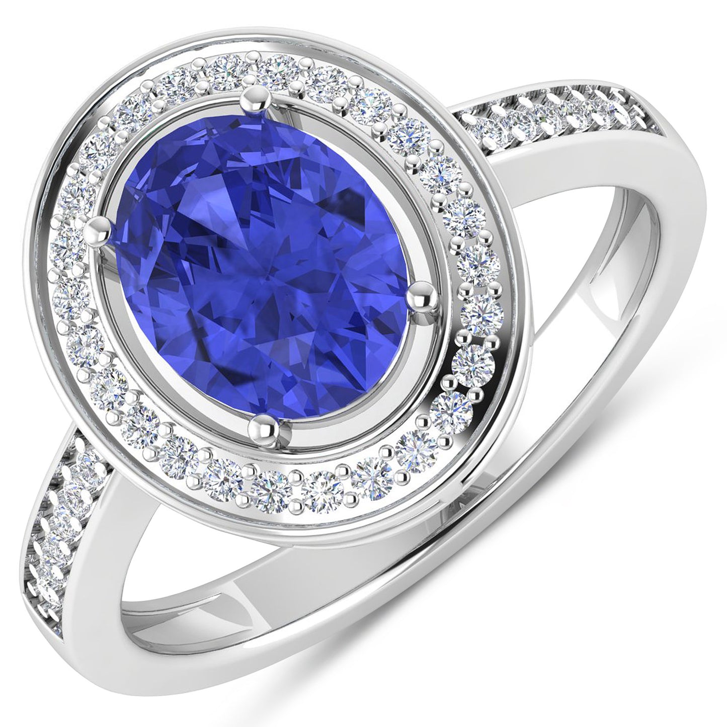 Natural Oval Tanzanite Ring Diamond Halo 14K White Gold