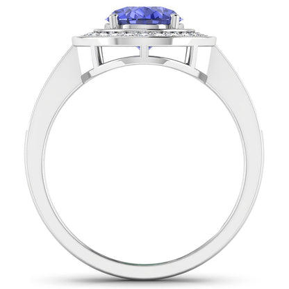 Natural Oval Tanzanite Ring Diamond Halo 14K White Gold