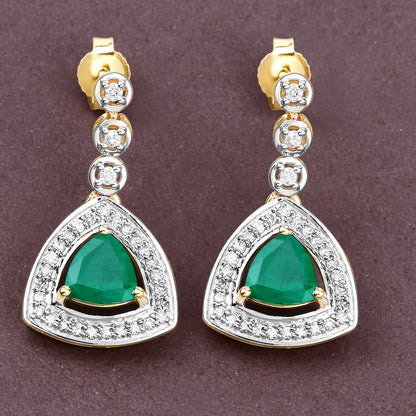 Natural Zambian Emerald and Diamond Halo Dangle Earrings 14K Yellow Gold