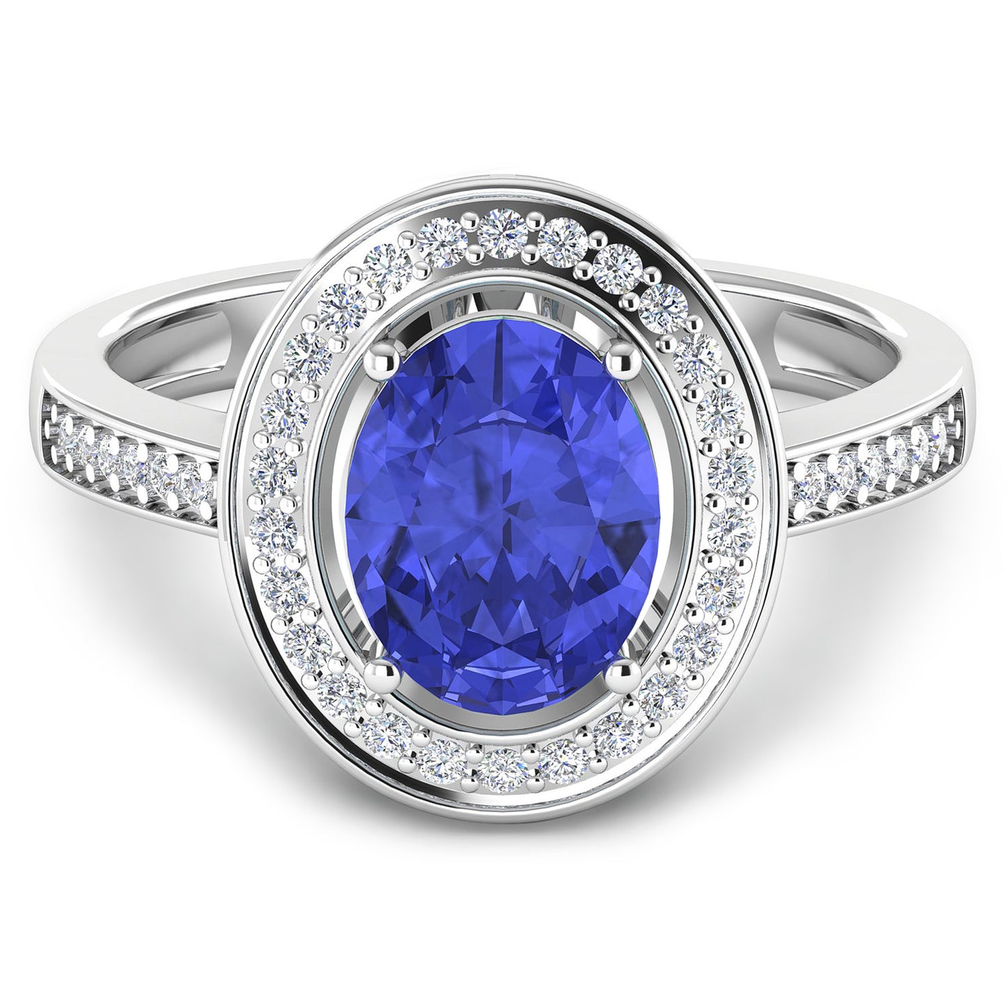 Natural Oval Tanzanite Ring Diamond Halo 14K White Gold