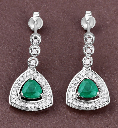 Natural Zambian Emerald and Diamond Halo Dangle Earrings 14K White Gold