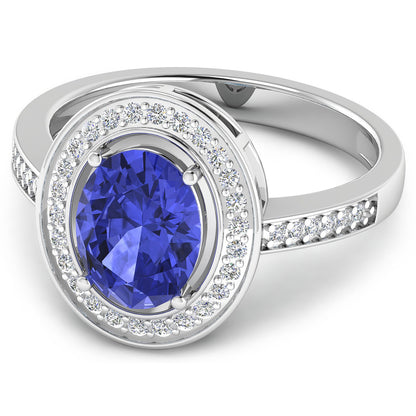 Natural Oval Tanzanite Ring Diamond Halo 14K White Gold