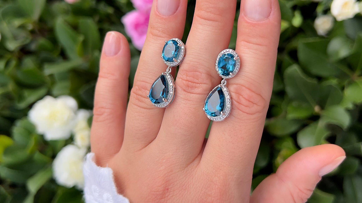 London Blue Topaz Earrings Diamond Setting 11.45 Carats Total