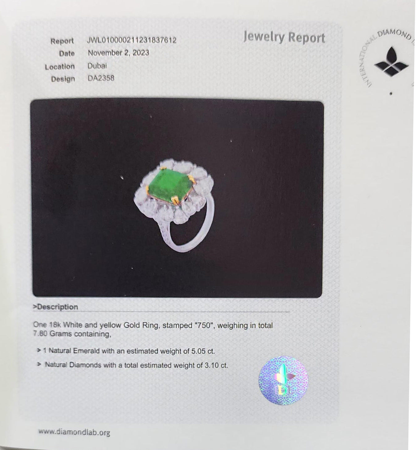 IDL Certified Emerald Ring With Pear Diamond Halo 8.15 Carats 18K Gold