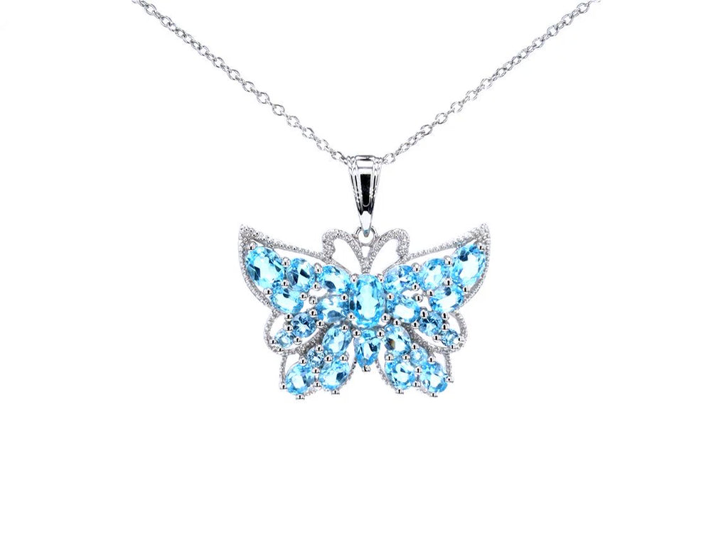 Swiss Blue Topaz Butterfly Pendant 4.74 Carats Sterling Silver