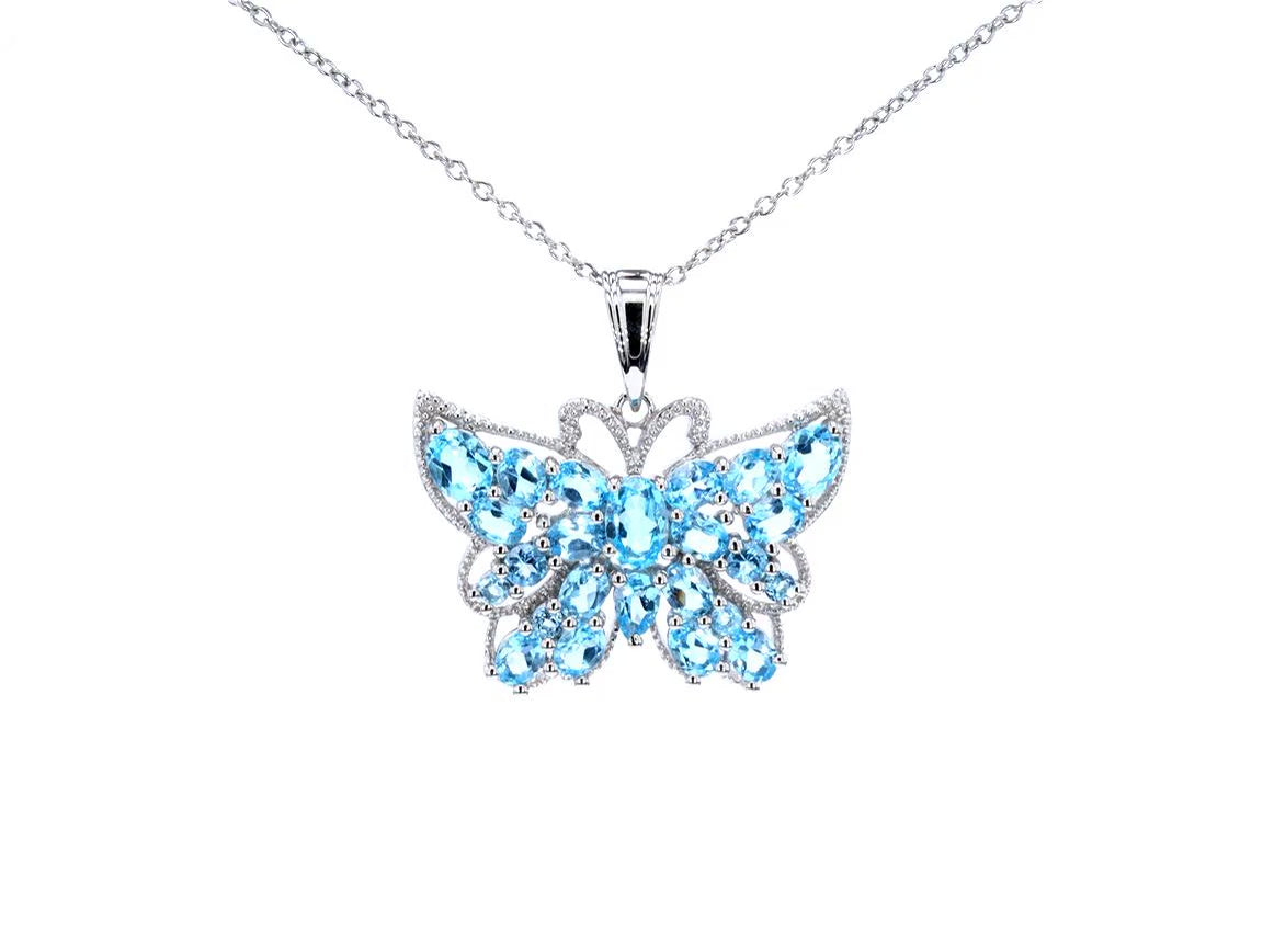 Swiss Blue Topaz Butterfly Pendant 4.74 Carats Sterling Silver