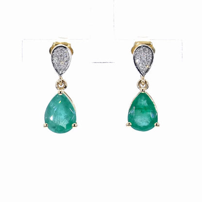 Zambian Emerald Teardrop Earrings Diamonds 2.2 Carats 14K Yellow Gold