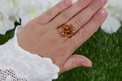 Citrine Cocktail Ring Deep Orange Sapphires 9.4 Carats 14K Gold Plated Silver
