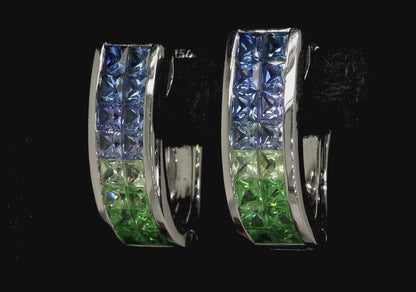 Sapphires and Tsavorites Hoop Earring 3.5 Carats 18K White Gold