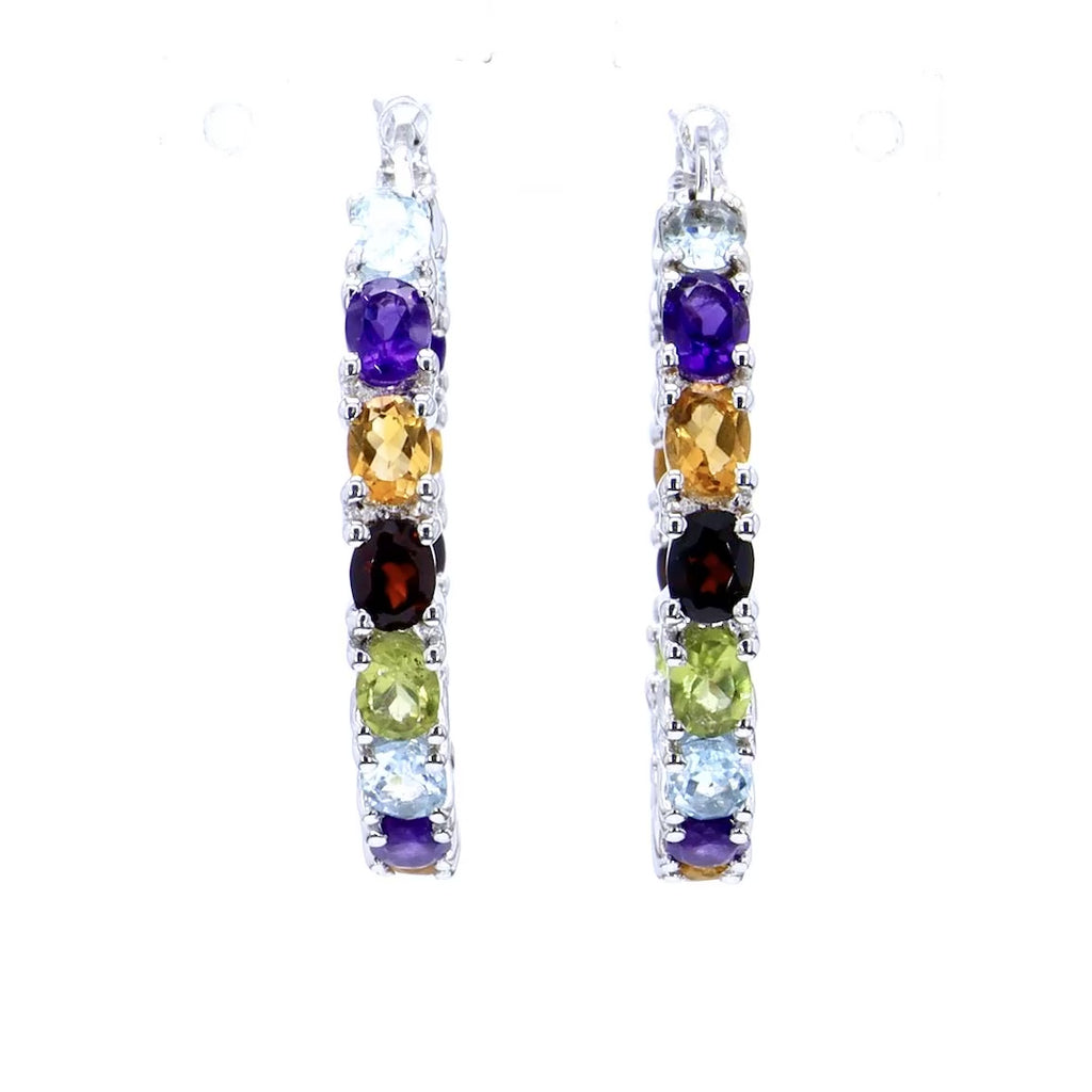 Natural Mixed Gemstones Hoop Earrings 5.34 Carats Sterling Silver