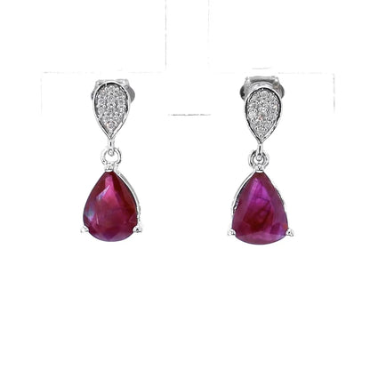 Ruby Teardrop Earrings Diamonds 2.4 Carats 14K White Gold