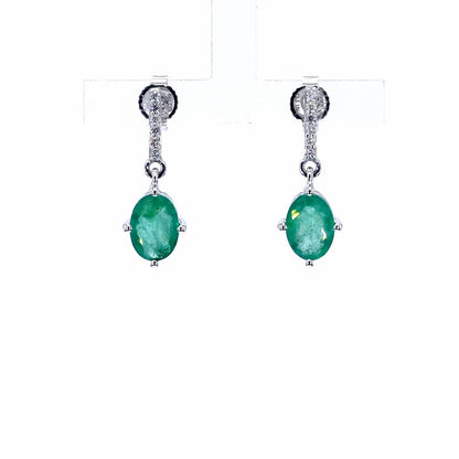 Zambian Emerald Dangle Earrings Diamonds 1.4 Carats 14K White Gold