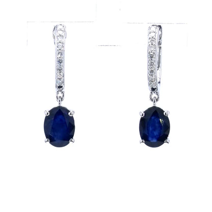 Blue Sapphire Dangle Earrings Diamonds 3.2 Carats 14K White Gold