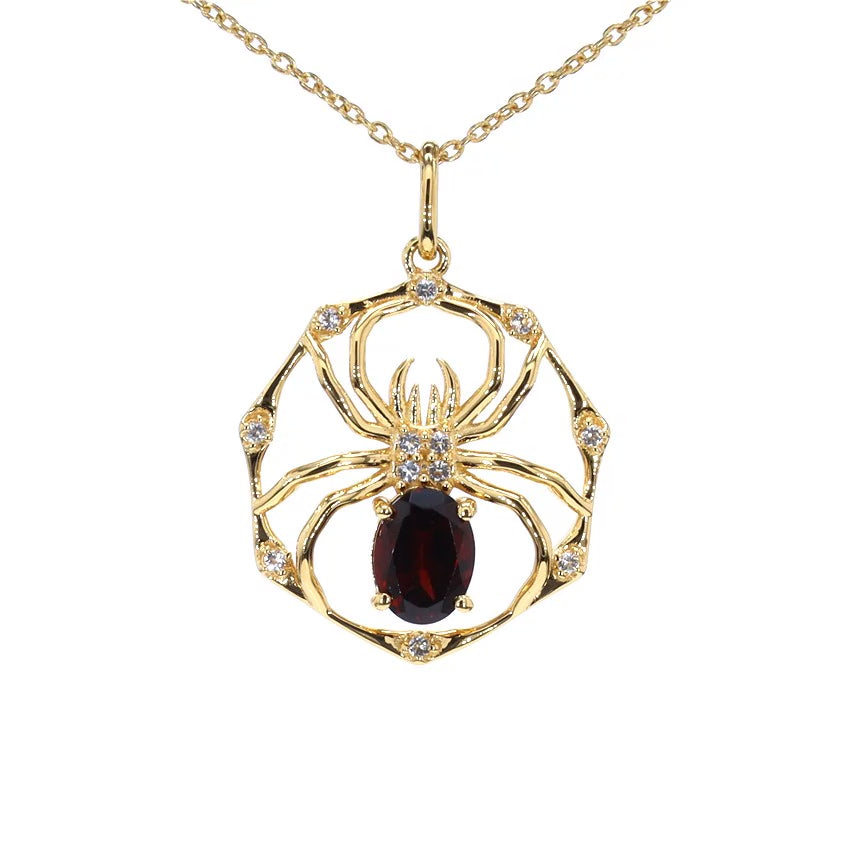 Garnet Spider Pendant With White Topaz 1.4 Carats Gold Plated Silver