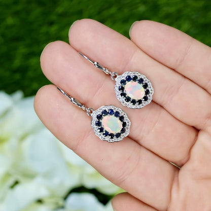 Ethiopian Opal Dangle Earrings Blue Sapphire 2.7 Carats Silver