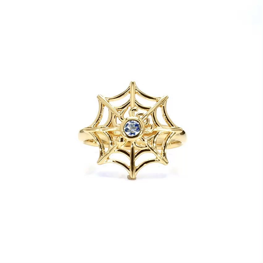 Blue Topaz Spider Web Ring 0.1 Carats Gold Plated Silver