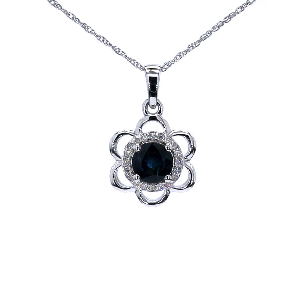 Blue Sapphire Flower Pendant With Diamonds 0.92 Carats 14K White Gold