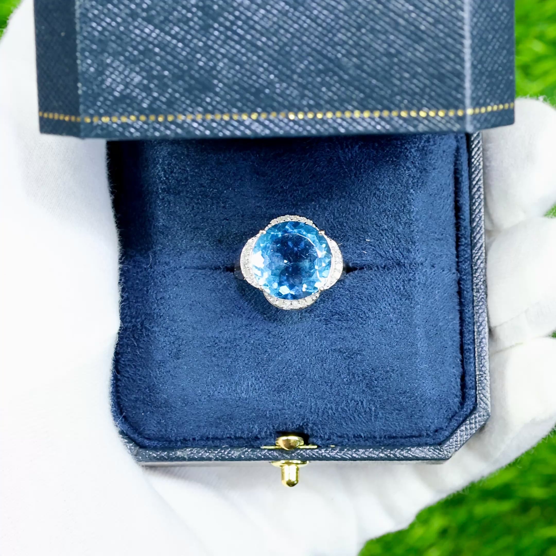 Swiss Blue Topaz Statement Ring Diamond Halo 12.7 Carats 14K Yellow Gold