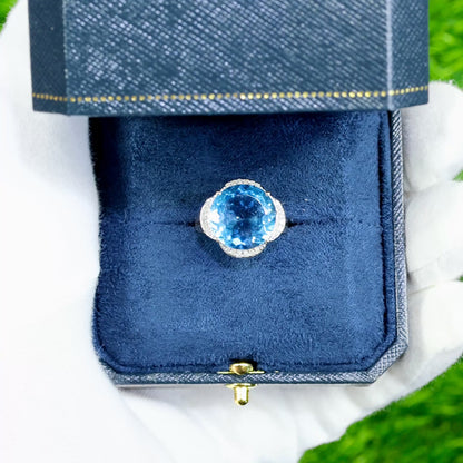 Swiss Blue Topaz Statement Ring Diamond Halo 12.7 Carats 14K Yellow Gold