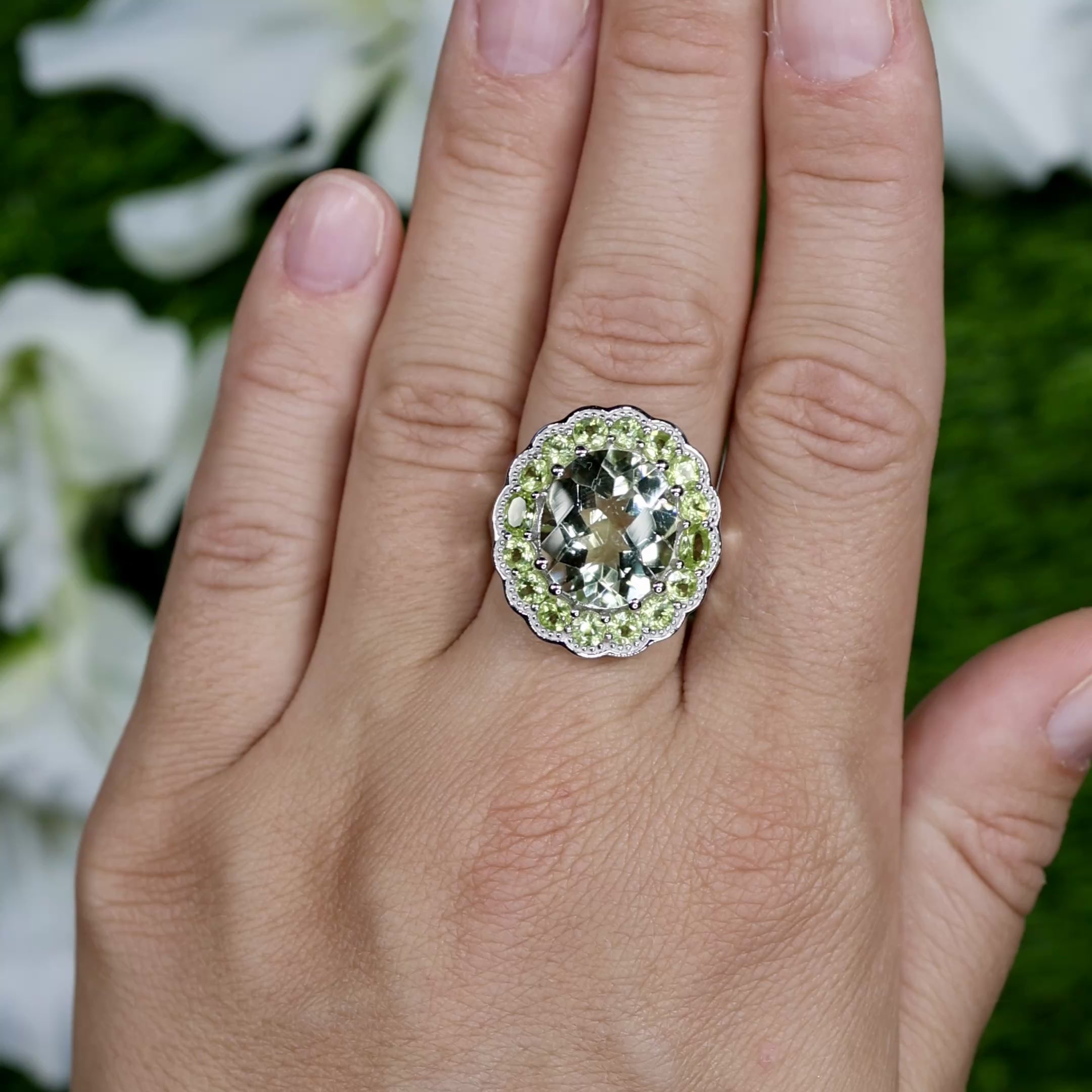 Green Amethyst Cocktail Ring Peridot Halo 7.18 Carats Sterling Silver