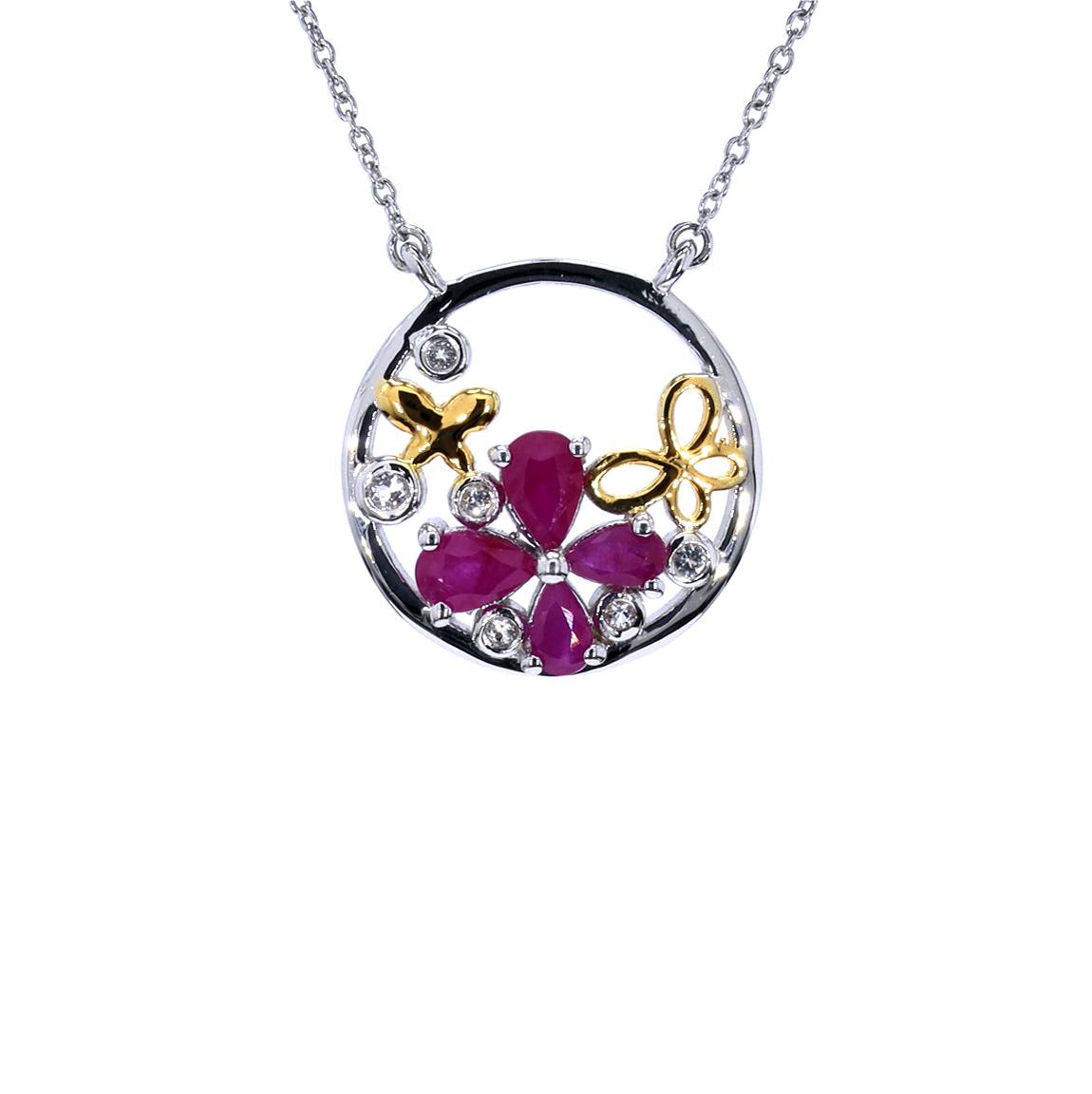 Ruby Butterfly Pendant With White Topaz 1.38 Carats Sterling Silver