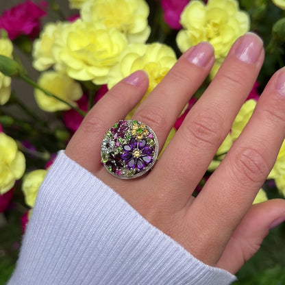 Multicolor Gemstones Flower Ring 4 Carats Sterling Silver