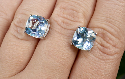 Blue Topaz Stud Earrings 6.8 Carats Rhodium Plated Silver