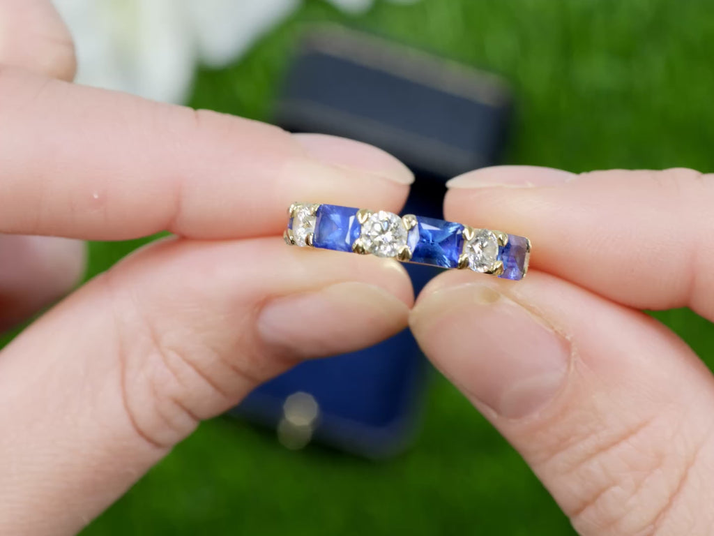 Blue Sapphires Diamonds Half Eternity Band Ring 3.29 Carats 18K Yellow Gold