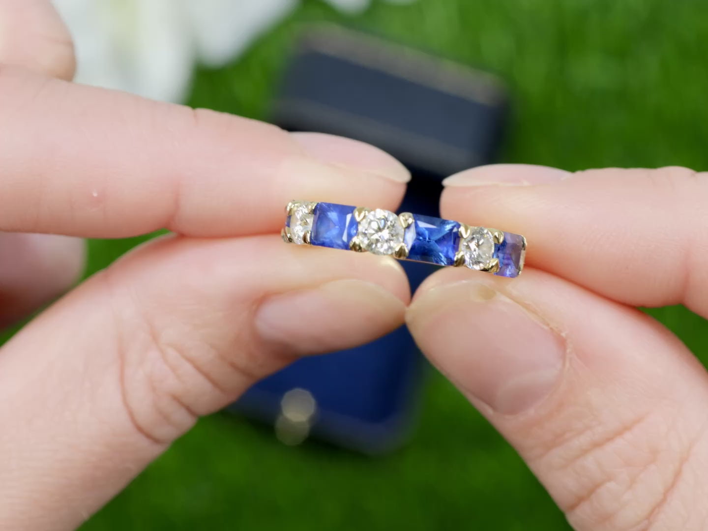 Blue Sapphires Diamonds Half Eternity Band Ring 3.29 Carats 18K Yellow Gold