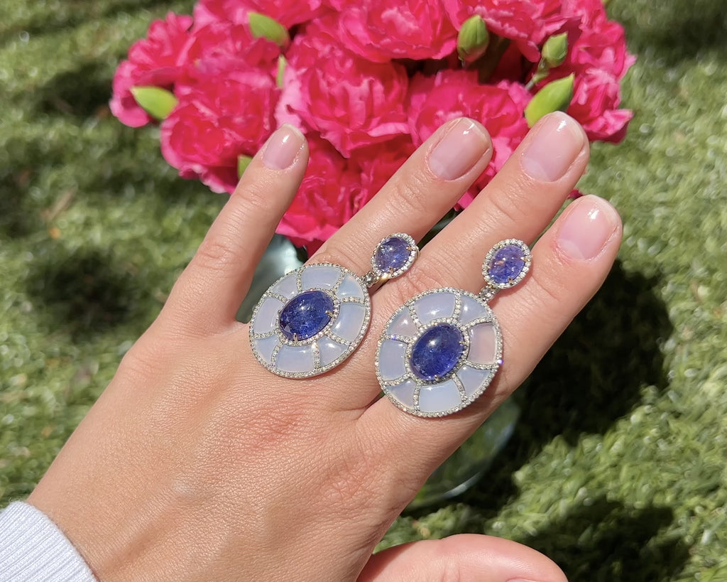 Tanzanite Earrings Set With Diamonds and Chalcedony 41 Carats Total