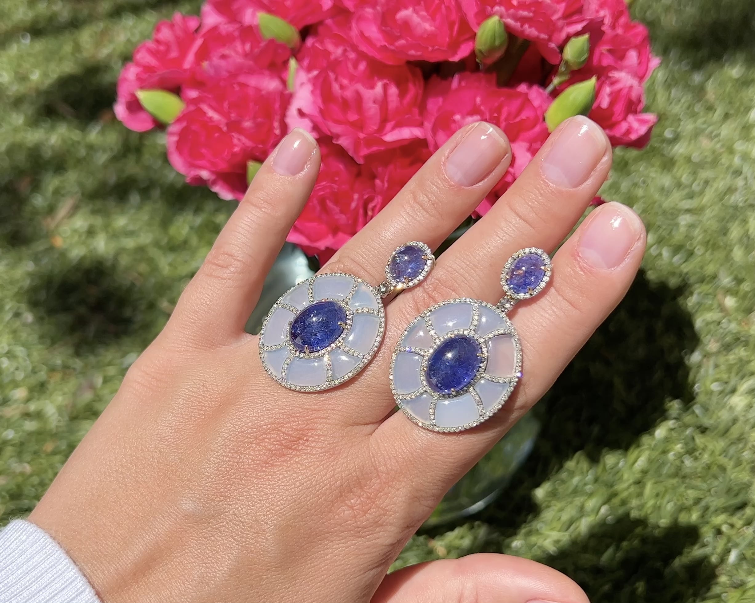Tanzanite Earrings Set With Diamonds and Chalcedony 41 Carats Total