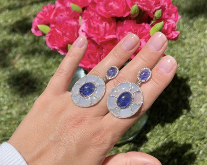 Tanzanite Earrings Set With Diamonds and Chalcedony 41 Carats Total