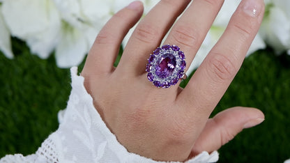 Amethyst Cocktail Ring Tanzanite Halo 7.8 Carats
