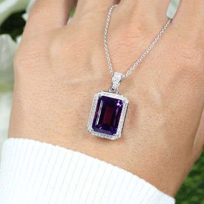 Amethyst Pendant Necklace Diamond Halo 5.34 Carats Sterling Silver