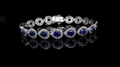 Blue Pear Cut Sapphire Bracelet Diamond Halo 13.6 Carats 18K Gold