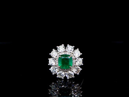 Important Emerald Ring With Large Diamond Halo Setting 5.44 Carats 18K Gold