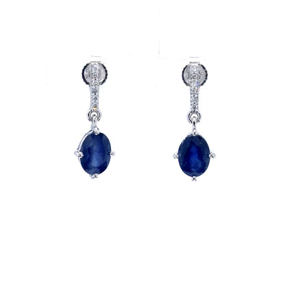 Natural Sapphire Dangle Earrings With Diamonds 1.92 Carats 10K White Gold