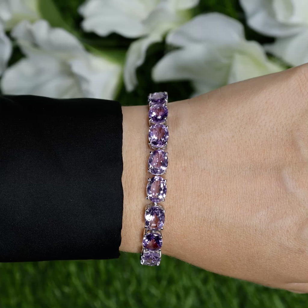 Pink Amethyst Tennis Bracelet 30 Carats Rhodium Plated Sterling Silver