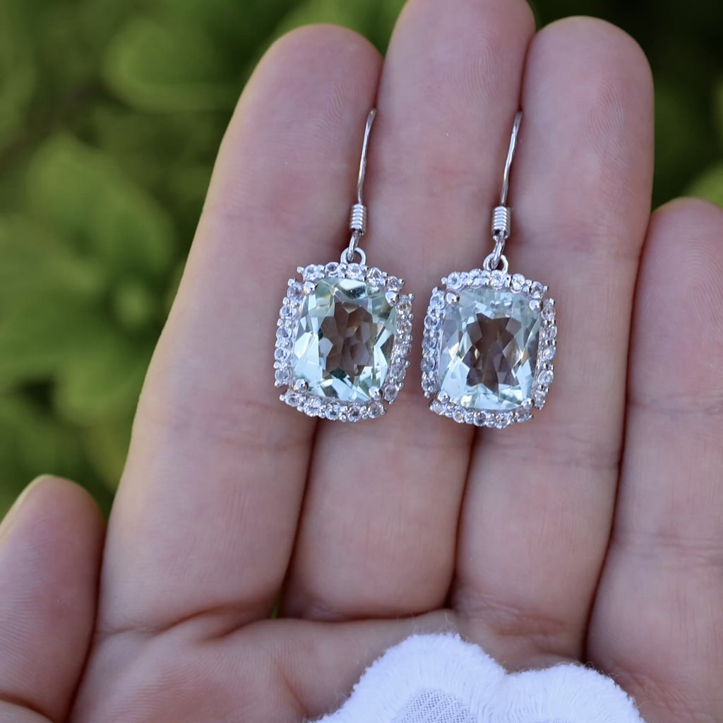 Green Amethyst Dangle Earrings White Topazes 10.4 Carats Sterling Silver