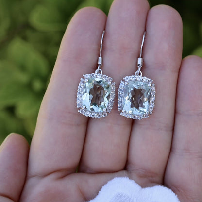 Green Amethyst Dangle Earrings White Topazes 10.4 Carats Sterling Silver