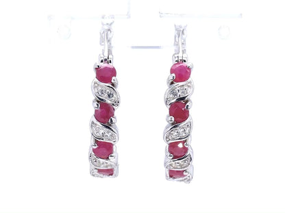 Ruby Hoop Earrings With White Topaz 1.36 Carats Sterling Silver